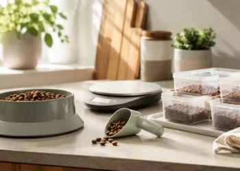 Pet travel editorial σκηνή με carrier, αποσκευή, μπολ νερού και απαλό ταξιδιωτικό φως