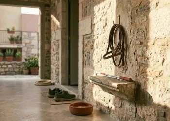 Σπιτική editorial σκηνή με λουρί, μπολ και κουβέρτα ως συμβολική εικόνα φροντίδας σκύλου