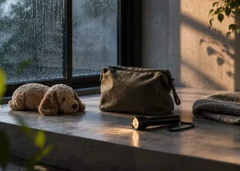 Ήρεμη γωνιά σπιτιού με μπολ, υφές και απαλό φως ως συμβολική εικόνα φροντίδας γάτας