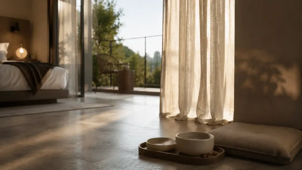 Καθαρή editorial εικόνα pet lifestyle με φυσικό φως, αρνητικό χώρο και συμβολικά στοιχεία φροντίδας
