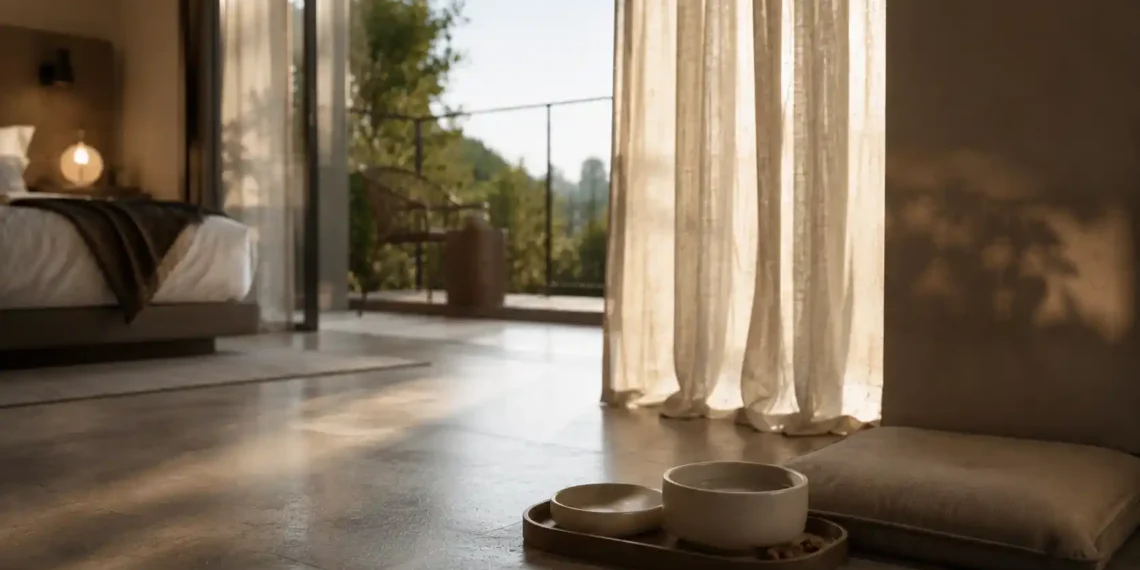 Καθαρή editorial εικόνα pet lifestyle με φυσικό φως, αρνητικό χώρο και συμβολικά στοιχεία φροντίδας