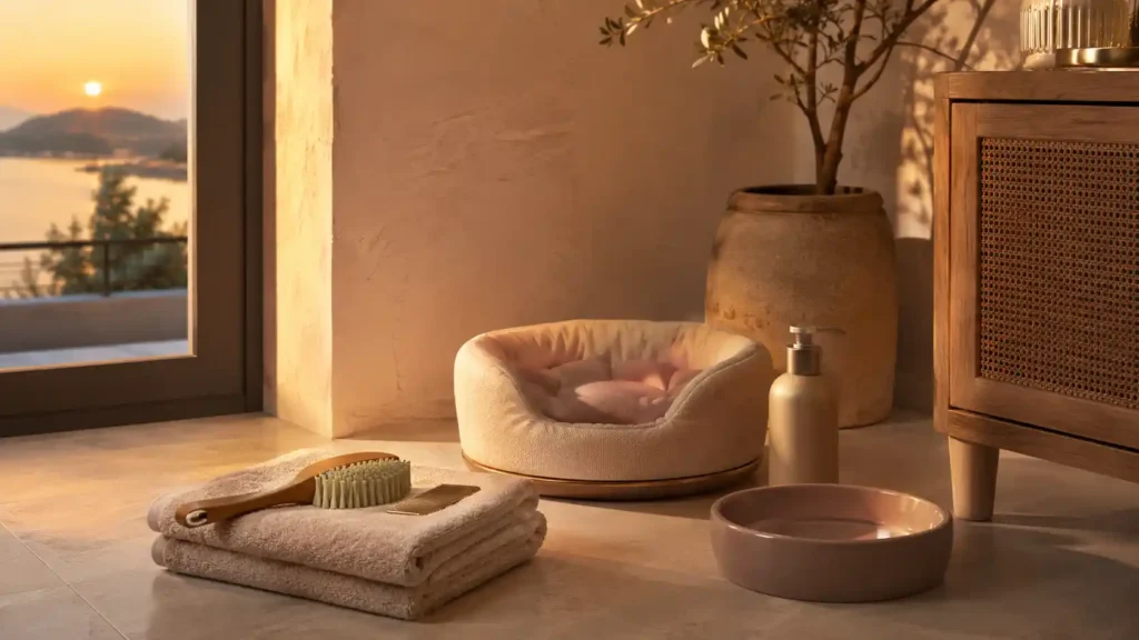 Καθαρή editorial εικόνα pet lifestyle με φυσικό φως, αρνητικό χώρο και συμβολικά στοιχεία φροντίδας