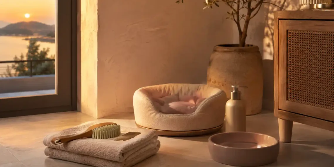 Καθαρή editorial εικόνα pet lifestyle με φυσικό φως, αρνητικό χώρο και συμβολικά στοιχεία φροντίδας