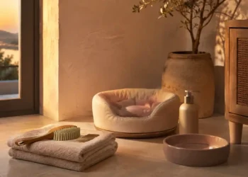 Καθαρή editorial εικόνα pet lifestyle με φυσικό φως, αρνητικό χώρο και συμβολικά στοιχεία φροντίδας