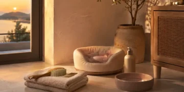 Καθαρή editorial εικόνα pet lifestyle με φυσικό φως, αρνητικό χώρο και συμβολικά στοιχεία φροντίδας