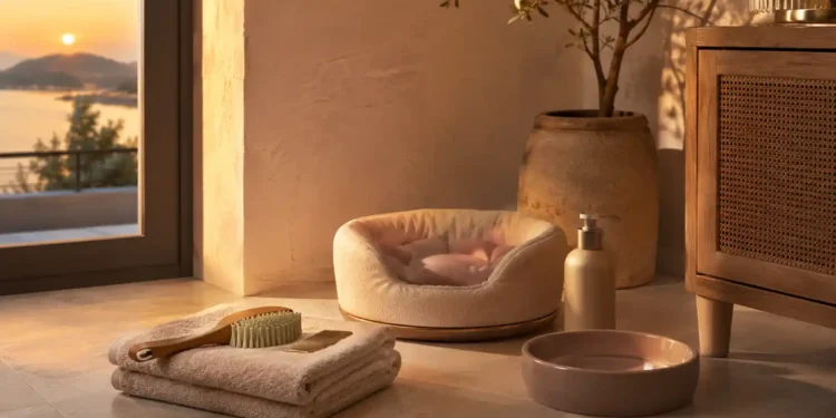 Καθαρή editorial εικόνα pet lifestyle με φυσικό φως, αρνητικό χώρο και συμβολικά στοιχεία φροντίδας