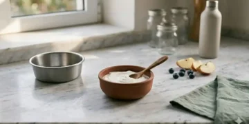 Καθαρή κουζίνα φροντίδας με μπολ, μεζούρα, δοχεία τροφής και μαλακό φως