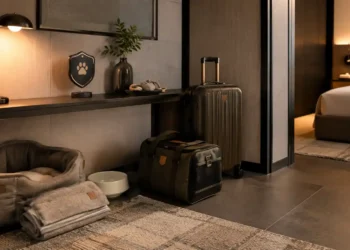 Pet travel editorial σκηνή με carrier, αποσκευή, μπολ νερού και απαλό ταξιδιωτικό φως