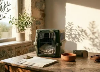 Καθαρή editorial εικόνα pet lifestyle με φυσικό φως, αρνητικό χώρο και συμβολικά στοιχεία φροντίδας