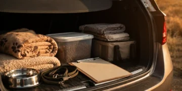 Σπιτική editorial σκηνή με λουρί, μπολ και κουβέρτα ως συμβολική εικόνα φροντίδας σκύλου