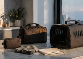 Pet travel editorial σκηνή με carrier, αποσκευή, μπολ νερού και απαλό ταξιδιωτικό φως