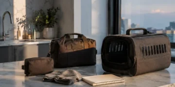 Pet travel editorial σκηνή με carrier, αποσκευή, μπολ νερού και απαλό ταξιδιωτικό φως