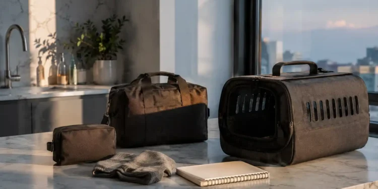 Pet travel editorial σκηνή με carrier, αποσκευή, μπολ νερού και απαλό ταξιδιωτικό φως