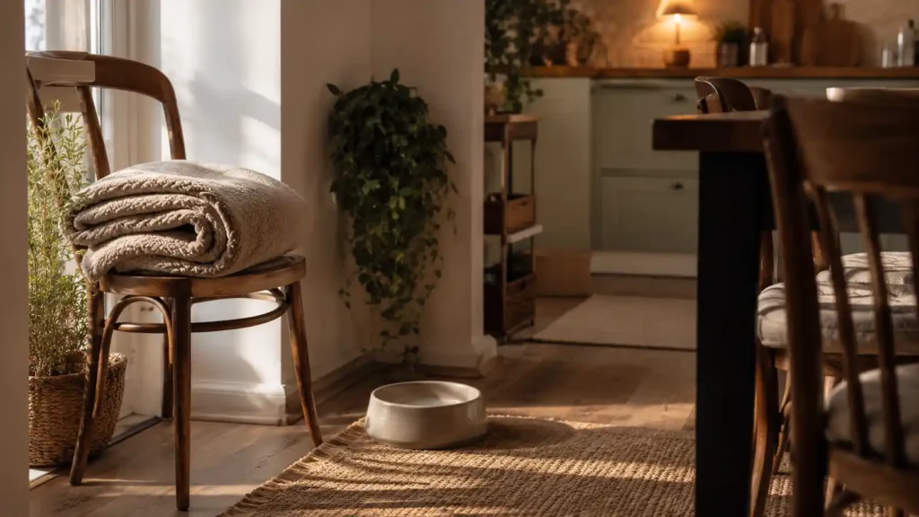 Καθαρή editorial εικόνα pet lifestyle με φυσικό φως, αρνητικό χώρο και συμβολικά στοιχεία φροντίδας
