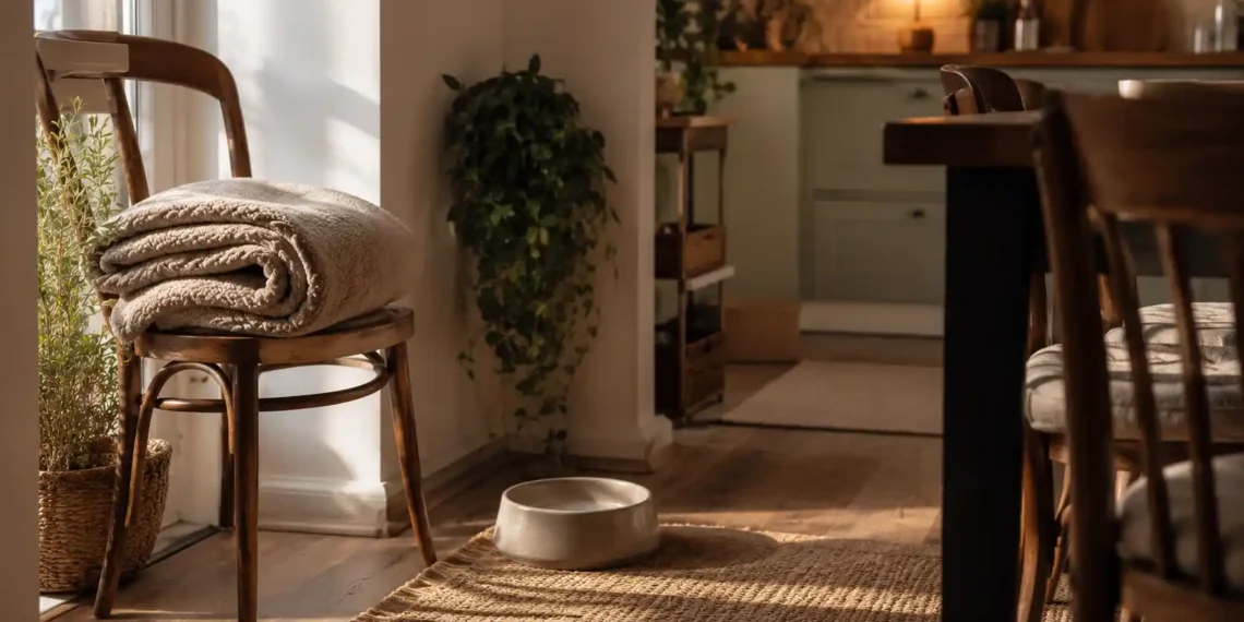 Καθαρή editorial εικόνα pet lifestyle με φυσικό φως, αρνητικό χώρο και συμβολικά στοιχεία φροντίδας