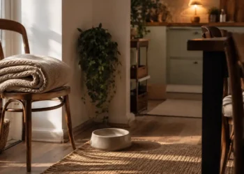 Καθαρή editorial εικόνα pet lifestyle με φυσικό φως, αρνητικό χώρο και συμβολικά στοιχεία φροντίδας