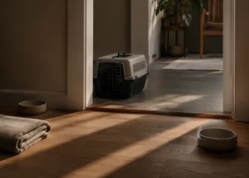 Καθαρή editorial εικόνα pet lifestyle με φυσικό φως, αρνητικό χώρο και συμβολικά στοιχεία φροντίδας