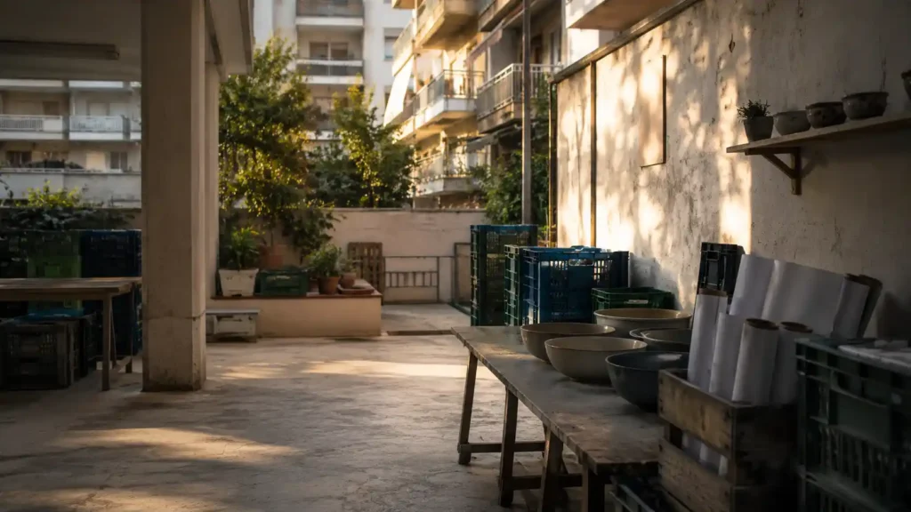 Χώρος φιλοζωικής φροντίδας με κουβέρτες, μπολ, crates και ζεστό φυσικό φως