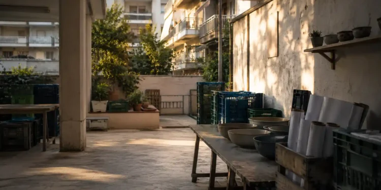 Χώρος φιλοζωικής φροντίδας με κουβέρτες, μπολ, crates και ζεστό φυσικό φως
