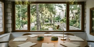 Καθαρή κουζίνα φροντίδας με μπολ, μεζούρα, δοχεία τροφής και μαλακό φως