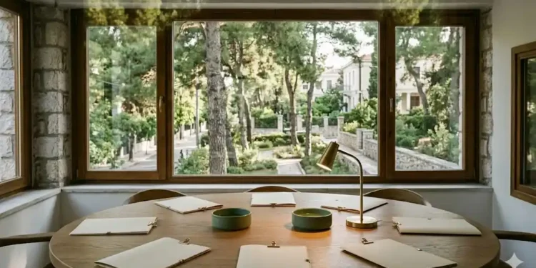 Καθαρή κουζίνα φροντίδας με μπολ, μεζούρα, δοχεία τροφής και μαλακό φως