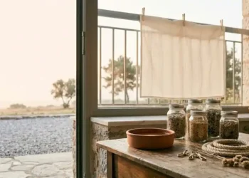 Ήρεμη γωνιά σπιτιού με μπολ, υφές και απαλό φως ως συμβολική εικόνα φροντίδας γάτας