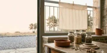 Ήρεμη γωνιά σπιτιού με μπολ, υφές και απαλό φως ως συμβολική εικόνα φροντίδας γάτας