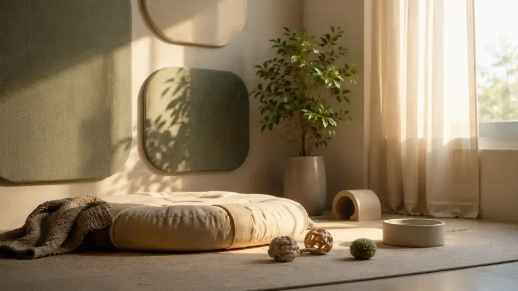 Καθαρή editorial εικόνα pet lifestyle με φυσικό φως, αρνητικό χώρο και συμβολικά στοιχεία φροντίδας