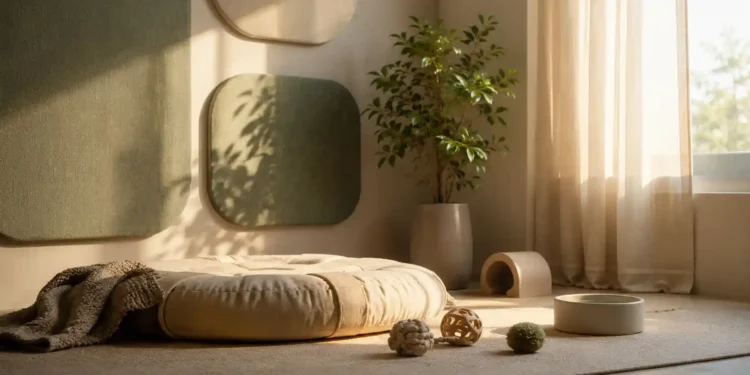 Καθαρή editorial εικόνα pet lifestyle με φυσικό φως, αρνητικό χώρο και συμβολικά στοιχεία φροντίδας