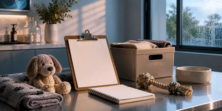 Καθαρή editorial εικόνα pet lifestyle με φυσικό φως, αρνητικό χώρο και συμβολικά στοιχεία φροντίδας