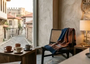 Ήρεμη γωνιά σπιτιού με μπολ, υφές και απαλό φως ως συμβολική εικόνα φροντίδας γάτας