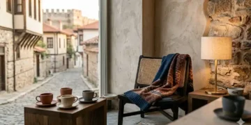 Ήρεμη γωνιά σπιτιού με μπολ, υφές και απαλό φως ως συμβολική εικόνα φροντίδας γάτας