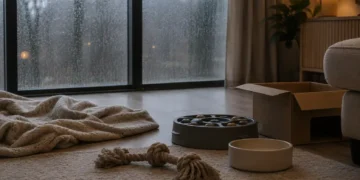 Καθαρή editorial εικόνα pet lifestyle με φυσικό φως, αρνητικό χώρο και συμβολικά στοιχεία φροντίδας