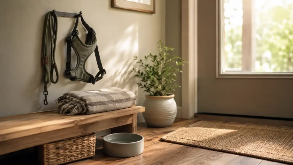 Καθαρή editorial εικόνα pet lifestyle με φυσικό φως, αρνητικό χώρο και συμβολικά στοιχεία φροντίδας