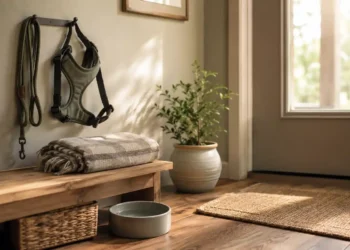 Καθαρή editorial εικόνα pet lifestyle με φυσικό φως, αρνητικό χώρο και συμβολικά στοιχεία φροντίδας