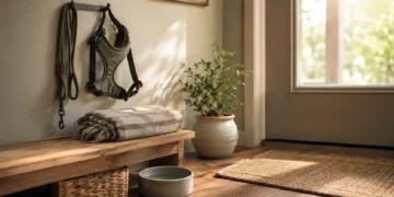 Καθαρή editorial εικόνα pet lifestyle με φυσικό φως, αρνητικό χώρο και συμβολικά στοιχεία φροντίδας
