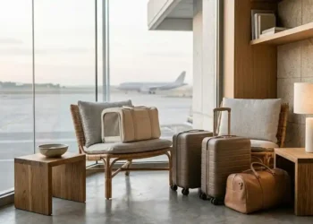Pet travel editorial σκηνή με carrier, αποσκευή, μπολ νερού και απαλό ταξιδιωτικό φως