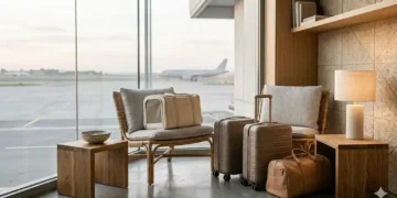 Pet travel editorial σκηνή με carrier, αποσκευή, μπολ νερού και απαλό ταξιδιωτικό φως