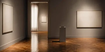 Καθαρή event editorial σκηνή με άδειο χώρο, φωτισμό, stands χωρίς κείμενο και ζεστή ατμόσφαιρα