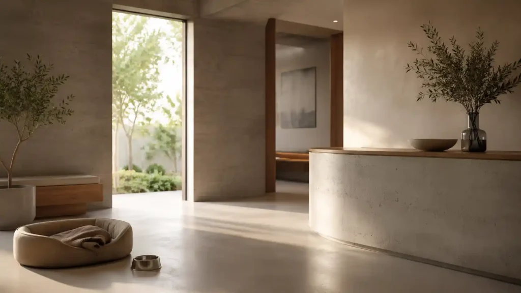 Καθαρή editorial εικόνα pet lifestyle με φυσικό φως, αρνητικό χώρο και συμβολικά στοιχεία φροντίδας