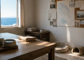 Καθαρή editorial εικόνα pet lifestyle με φυσικό φως, αρνητικό χώρο και συμβολικά στοιχεία φροντίδας