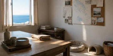 Καθαρή editorial εικόνα pet lifestyle με φυσικό φως, αρνητικό χώρο και συμβολικά στοιχεία φροντίδας