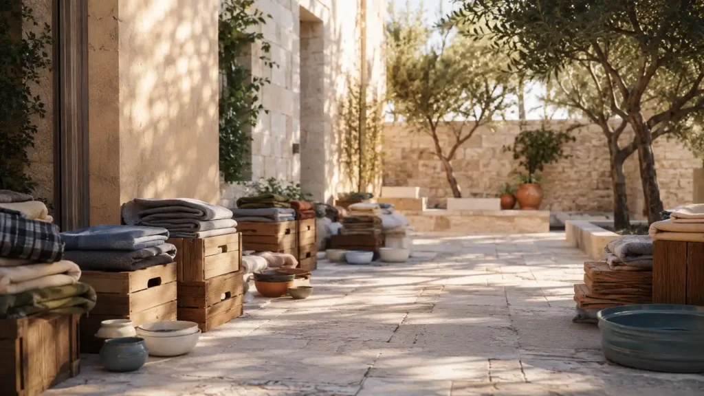 Χώρος φιλοζωικής φροντίδας με κουβέρτες, μπολ, crates και ζεστό φυσικό φως