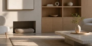 Καθαρή editorial εικόνα pet lifestyle με φυσικό φως, αρνητικό χώρο και συμβολικά στοιχεία φροντίδας