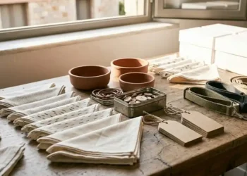 Ήρεμη γωνιά σπιτιού με μπολ, υφές και απαλό φως ως συμβολική εικόνα φροντίδας γάτας