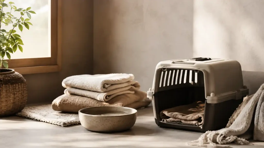 Καθαρή editorial εικόνα pet lifestyle με φυσικό φως, αρνητικό χώρο και συμβολικά στοιχεία φροντίδας
