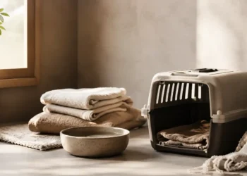 Καθαρή editorial εικόνα pet lifestyle με φυσικό φως, αρνητικό χώρο και συμβολικά στοιχεία φροντίδας