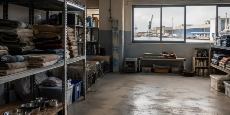 Χώρος φιλοζωικής φροντίδας με κουβέρτες, μπολ, crates και ζεστό φυσικό φως
