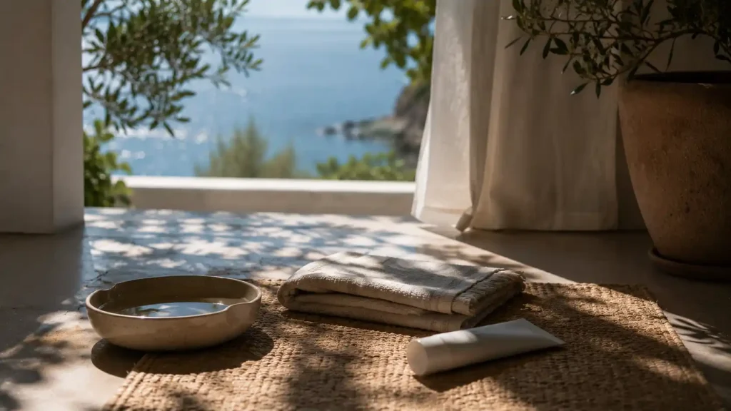 Pet travel editorial σκηνή με carrier, αποσκευή, μπολ νερού και απαλό ταξιδιωτικό φως