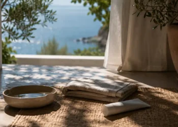 Pet travel editorial σκηνή με carrier, αποσκευή, μπολ νερού και απαλό ταξιδιωτικό φως